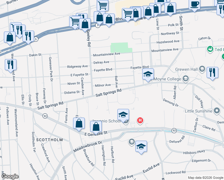 map of restaurants, bars, coffee shops, grocery stores, and more near 869 Salt Springs Road in Syracuse