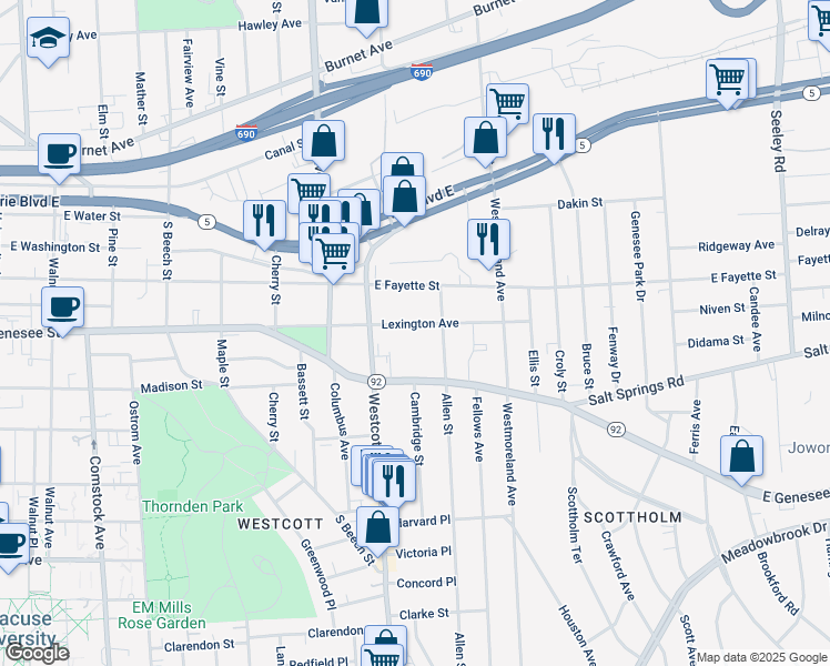 map of restaurants, bars, coffee shops, grocery stores, and more near 326 Lexington Avenue in Syracuse