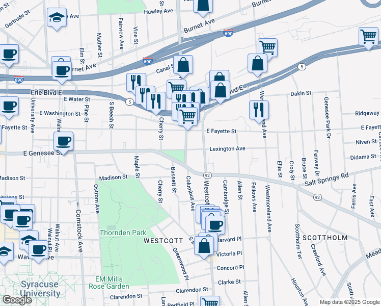 map of restaurants, bars, coffee shops, grocery stores, and more near 208 Lexington Avenue in Syracuse