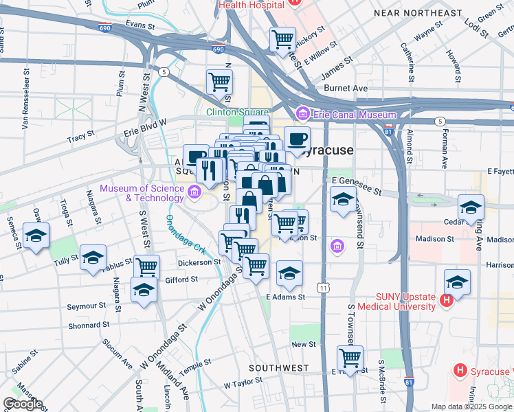 map of restaurants, bars, coffee shops, grocery stores, and more near 401 South Salina Street in Syracuse