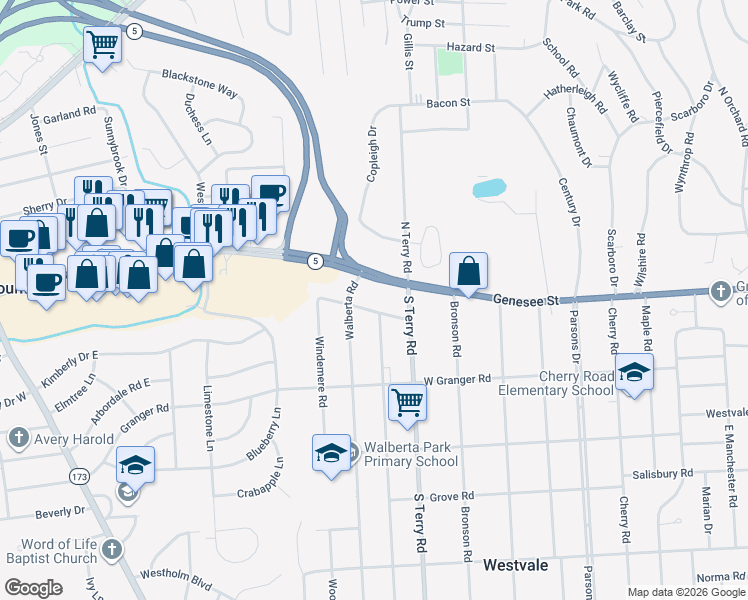 map of restaurants, bars, coffee shops, grocery stores, and more near 202 Dorchester Road in Syracuse