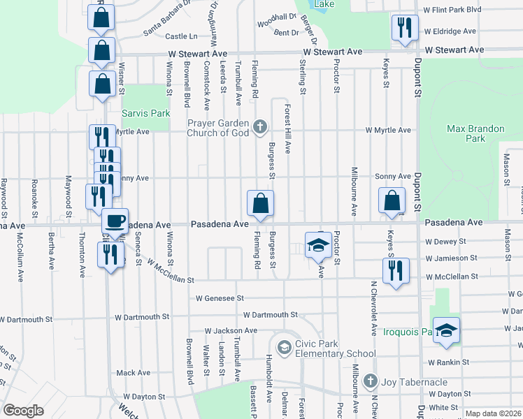 map of restaurants, bars, coffee shops, grocery stores, and more near 3419 Burgess Street in Flint