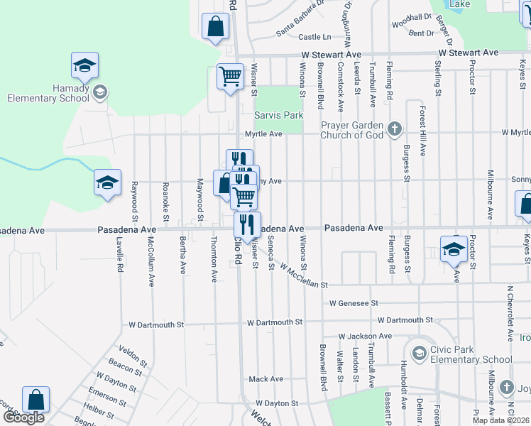 map of restaurants, bars, coffee shops, grocery stores, and more near 3502 Wisner Street in Flint