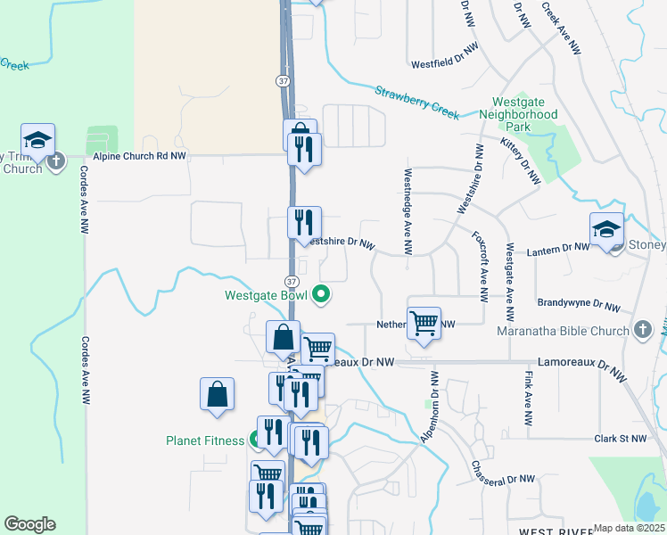 map of restaurants, bars, coffee shops, grocery stores, and more near 4611 Tabor Road Northwest in Comstock Park