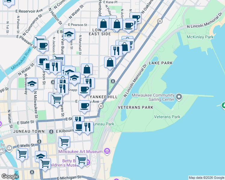 map of restaurants, bars, coffee shops, grocery stores, and more near 540 East Mason Street in Milwaukee