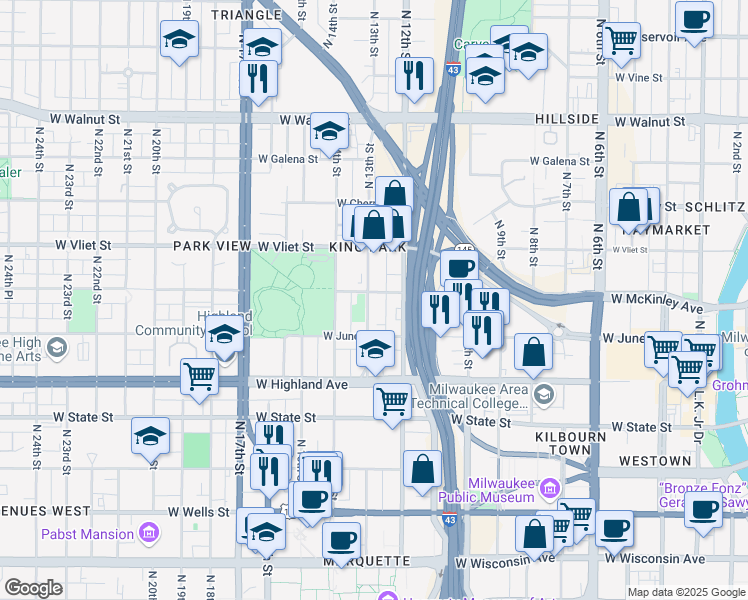 map of restaurants, bars, coffee shops, grocery stores, and more near 1242-1244 North 13th Street in Milwaukee