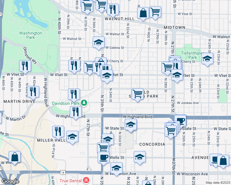 map of restaurants, bars, coffee shops, grocery stores, and more near 3301 West Mc Kinley Boulevard in Milwaukee
