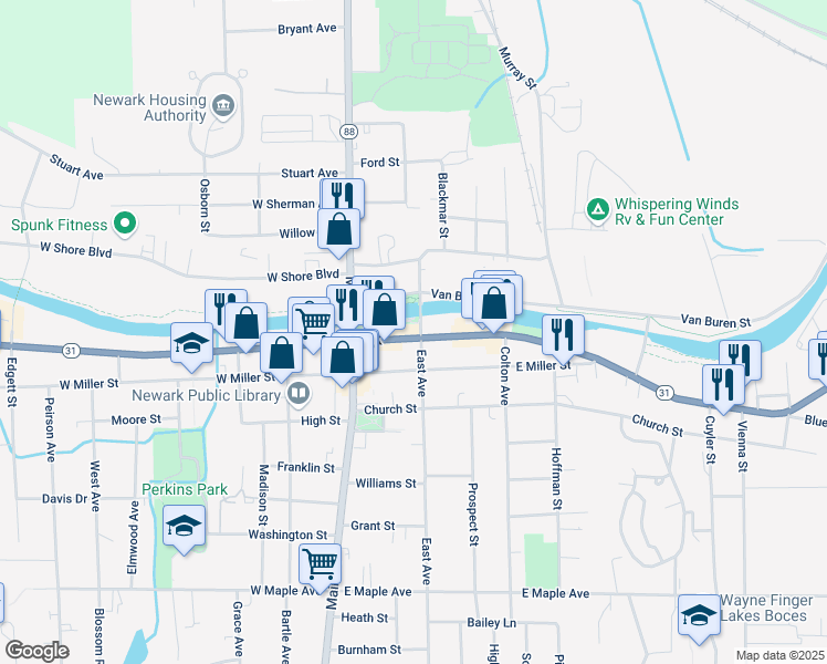 map of restaurants, bars, coffee shops, grocery stores, and more near 180 East Union Street in Newark