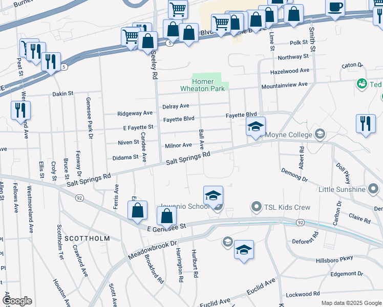 map of restaurants, bars, coffee shops, grocery stores, and more near 869 Salt Springs Rd in Syracuse