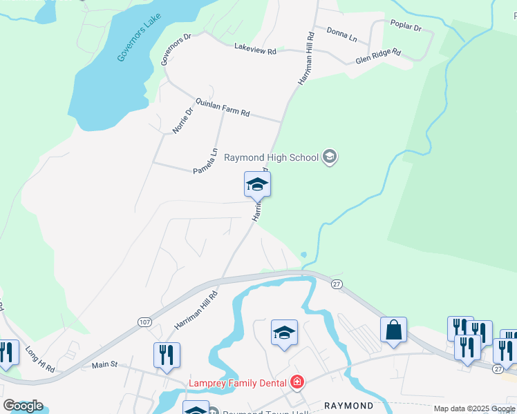 map of restaurants, bars, coffee shops, grocery stores, and more near 45 Harriman Hill Road in Raymond