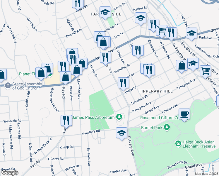 map of restaurants, bars, coffee shops, grocery stores, and more near 717 Schuyler Street in Syracuse