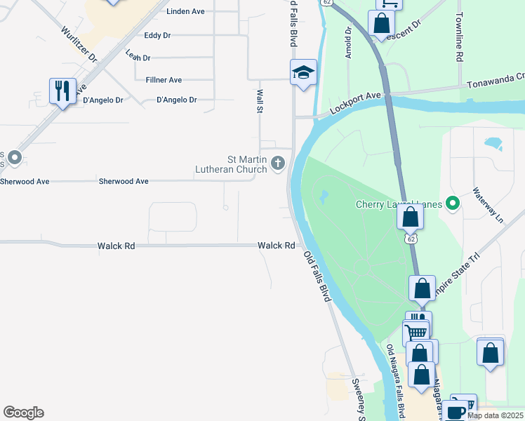 map of restaurants, bars, coffee shops, grocery stores, and more near 787 Wall Street in North Tonawanda