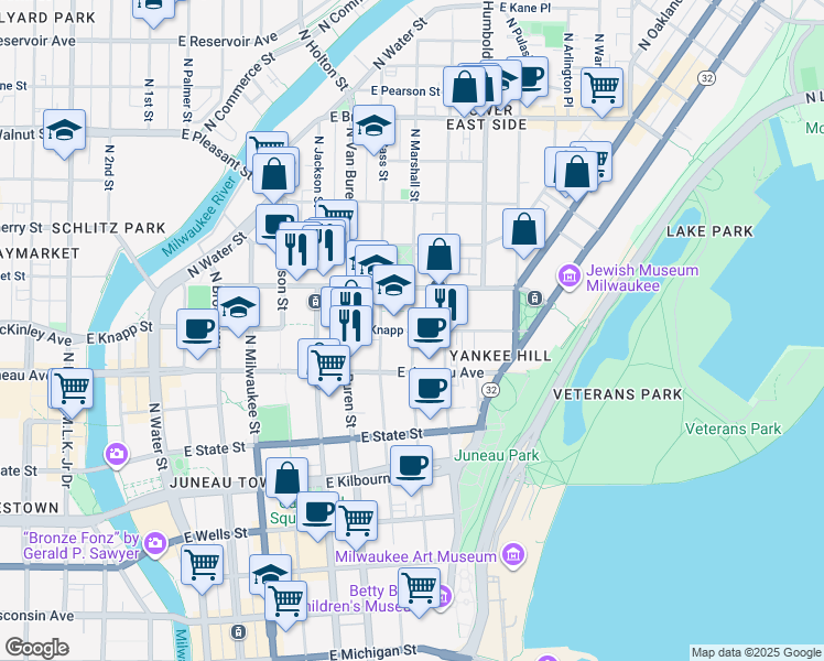 map of restaurants, bars, coffee shops, grocery stores, and more near North Marshall Street & East Knapp Street in Milwaukee