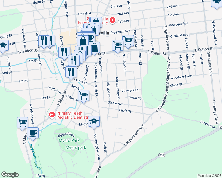map of restaurants, bars, coffee shops, grocery stores, and more near 61 Division Street in Gloversville