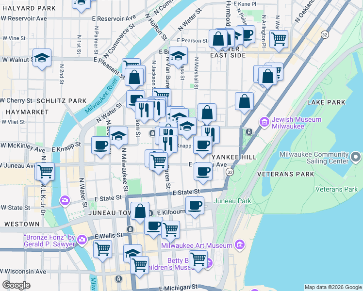 map of restaurants, bars, coffee shops, grocery stores, and more near N Cass St & E Knapp St in Milwaukee