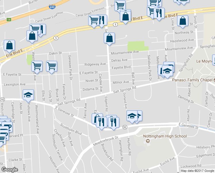 map of restaurants, bars, coffee shops, grocery stores, and more near 810-12 Seeley Road in Syracuse