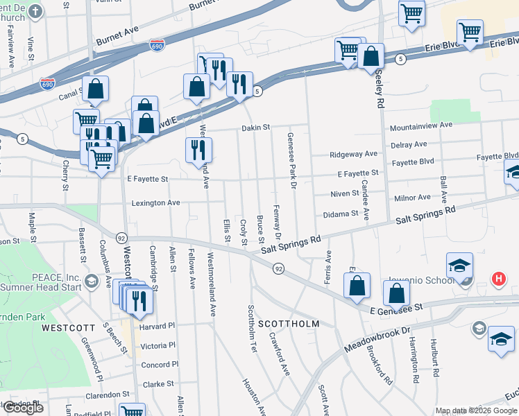 map of restaurants, bars, coffee shops, grocery stores, and more near 338 Bruce Street in Syracuse
