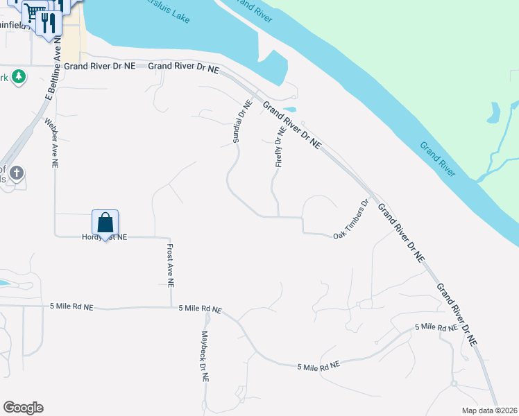 map of restaurants, bars, coffee shops, grocery stores, and more near 4670 Sundial Drive Northeast in Grand Rapids