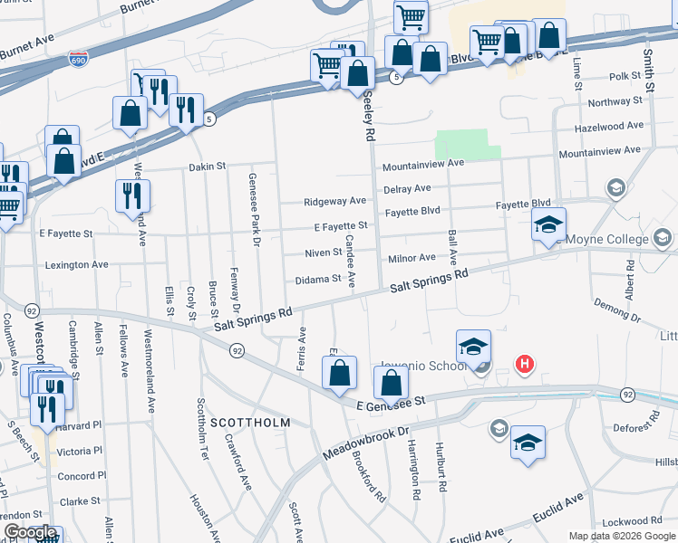 map of restaurants, bars, coffee shops, grocery stores, and more near 165 Didama Street in Syracuse