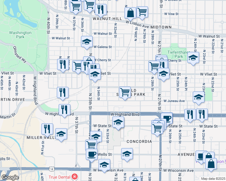 map of restaurants, bars, coffee shops, grocery stores, and more near 3227 West Mc Kinley Boulevard in Milwaukee