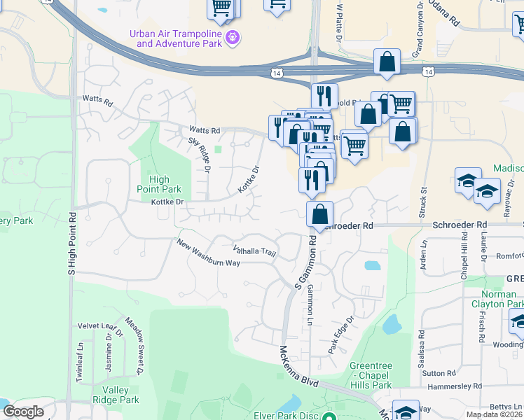 map of restaurants, bars, coffee shops, grocery stores, and more near 7153 East Valley Ridge Drive in Madison