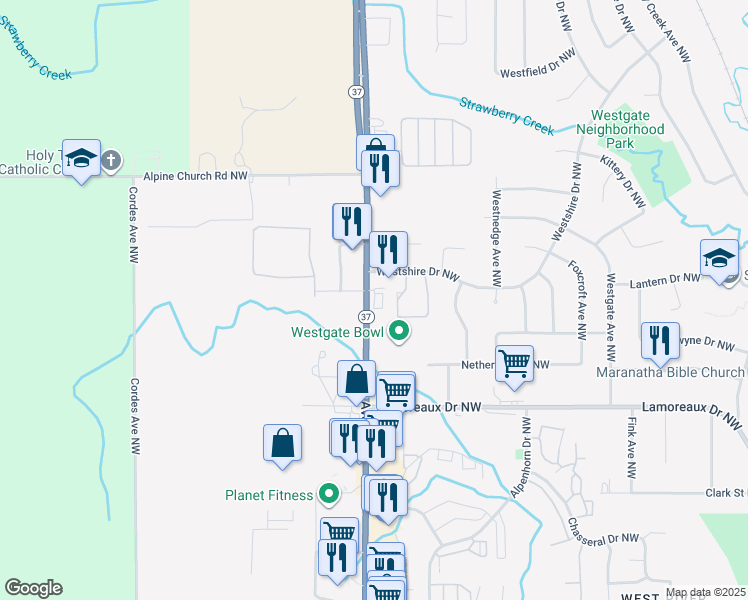 map of restaurants, bars, coffee shops, grocery stores, and more near 4586 Alpine Ave NW in Comstock Park