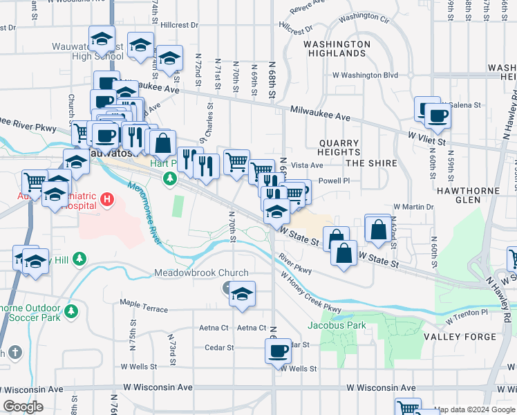 map of restaurants, bars, coffee shops, grocery stores, and more near 6900 West State Street in Milwaukee