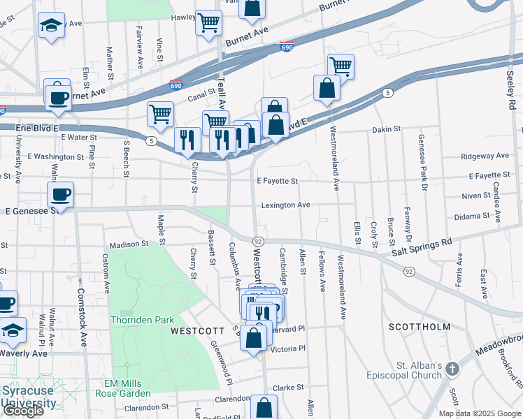 map of restaurants, bars, coffee shops, grocery stores, and more near 302 Lexington Avenue in Syracuse