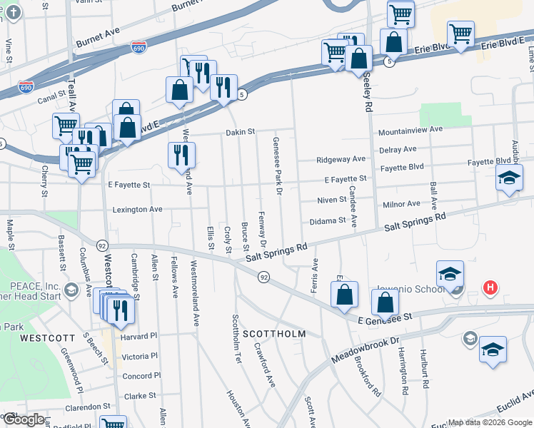 map of restaurants, bars, coffee shops, grocery stores, and more near 241 Fenway Dr in Syracuse