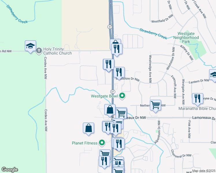 map of restaurants, bars, coffee shops, grocery stores, and more near 4585 Alpine Avenue Northwest in Comstock Park