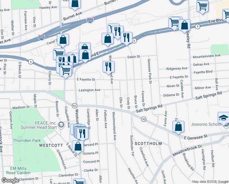 map of restaurants, bars, coffee shops, grocery stores, and more near 409 Westmoreland Avenue in Syracuse