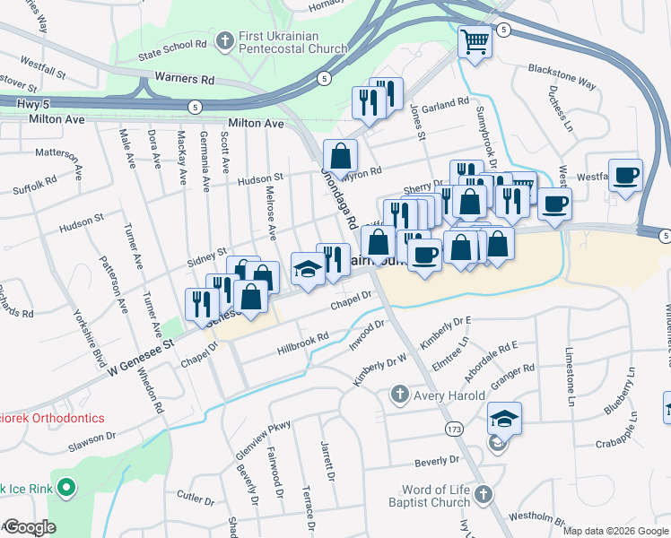 map of restaurants, bars, coffee shops, grocery stores, and more near 3802 West Genesee Street in Syracuse