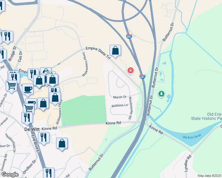 map of restaurants, bars, coffee shops, grocery stores, and more near 230 Marsh Drive in Syracuse