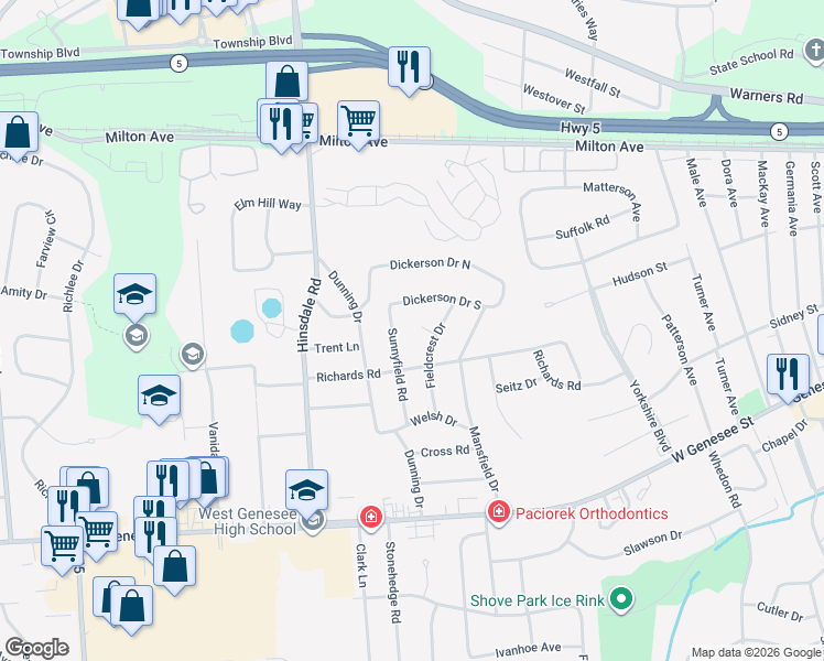 map of restaurants, bars, coffee shops, grocery stores, and more near 302 Fieldcrest Cir in Camillus