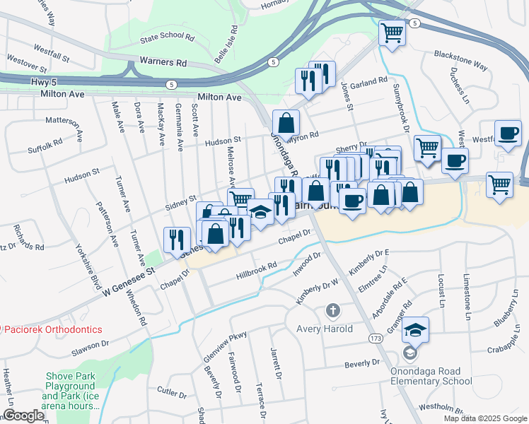 map of restaurants, bars, coffee shops, grocery stores, and more near 102 Columbus Avenue in Syracuse