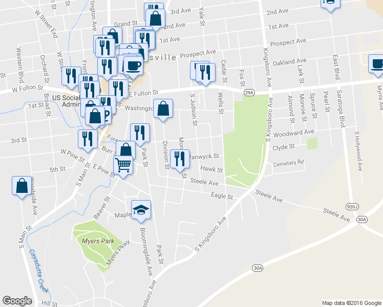 map of restaurants, bars, coffee shops, grocery stores, and more near 7 Vanwyck Street in Gloversville