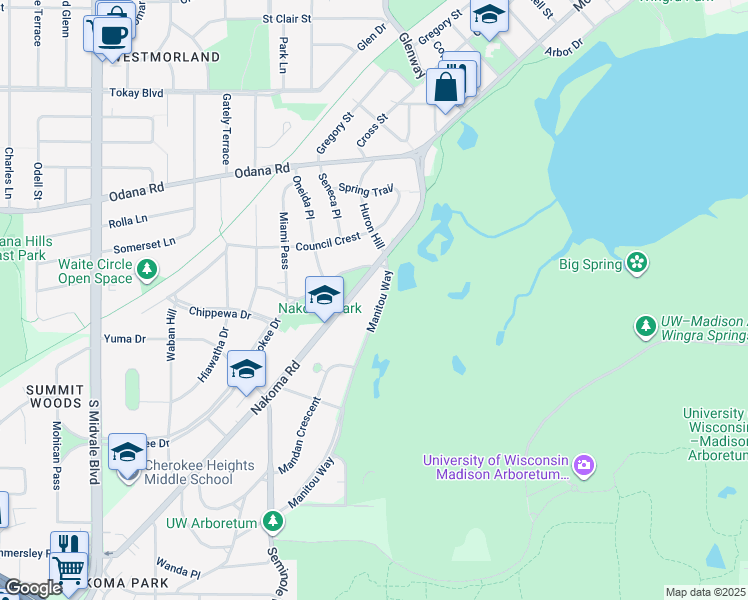 map of restaurants, bars, coffee shops, grocery stores, and more near 3900 Manitou Way in Madison