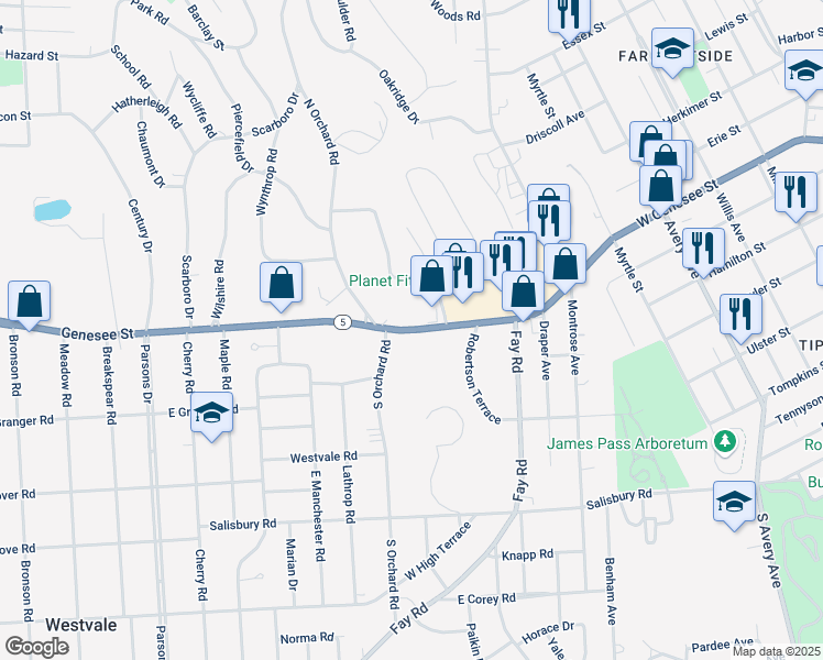 map of restaurants, bars, coffee shops, grocery stores, and more near 2457 Highway 5 in Syracuse