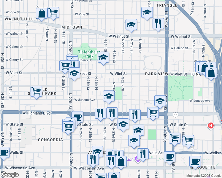map of restaurants, bars, coffee shops, grocery stores, and more near 2311 West McKinley Avenue in Milwaukee
