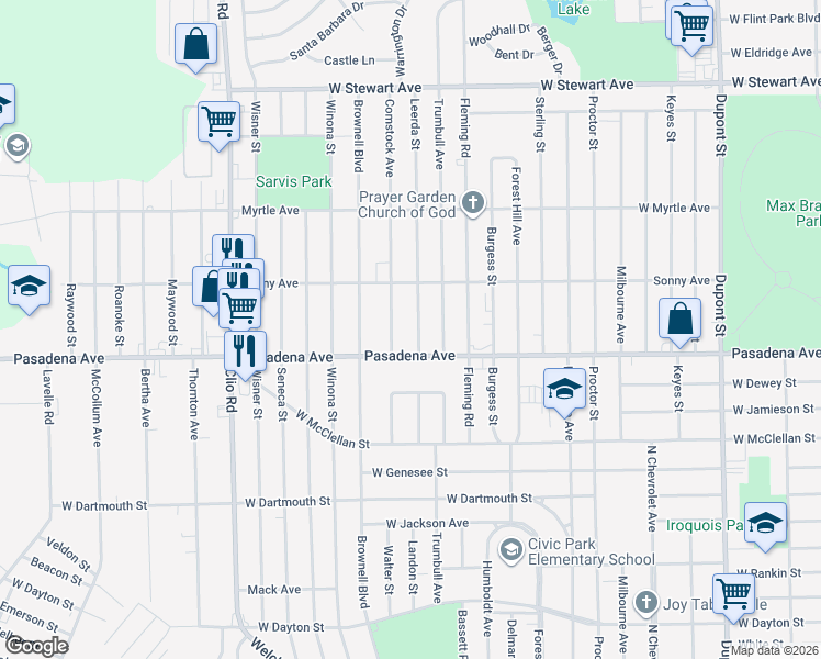 map of restaurants, bars, coffee shops, grocery stores, and more near 3423 Leerda Street in Flint