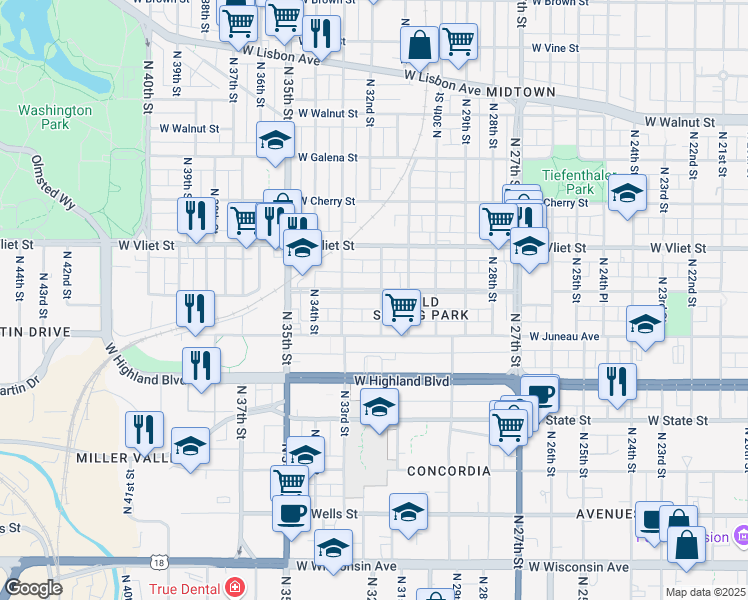 map of restaurants, bars, coffee shops, grocery stores, and more near 3209 West Mc Kinley Boulevard in Milwaukee