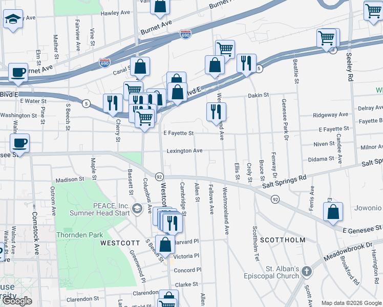 map of restaurants, bars, coffee shops, grocery stores, and more near 302 Allen Street in Syracuse