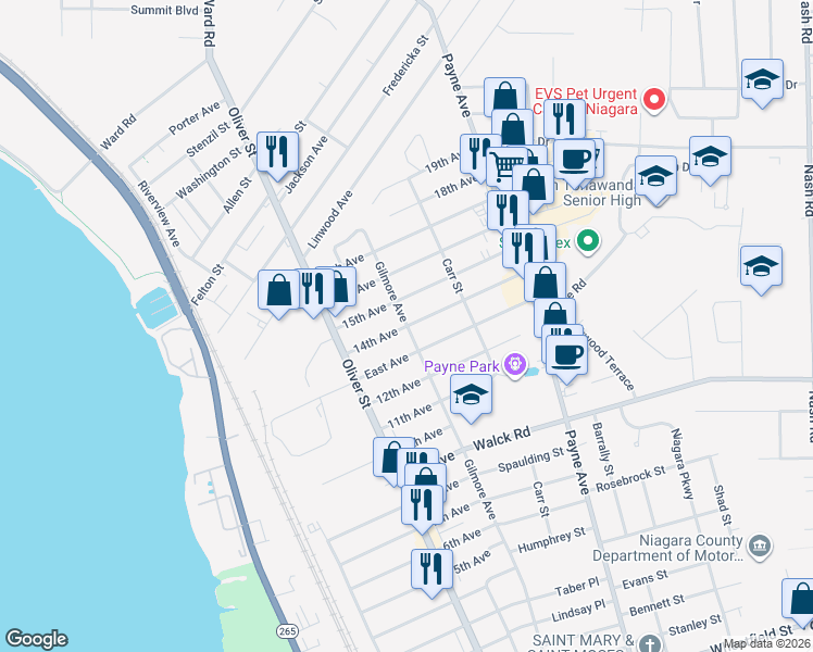 map of restaurants, bars, coffee shops, grocery stores, and more near 68 14th Avenue in North Tonawanda