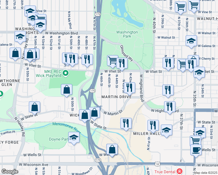 map of restaurants, bars, coffee shops, grocery stores, and more near 1247 N 45th St in Milwaukee