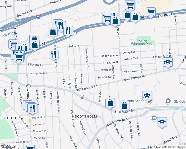 map of restaurants, bars, coffee shops, grocery stores, and more near 516-18 Beattie Street in Syracuse