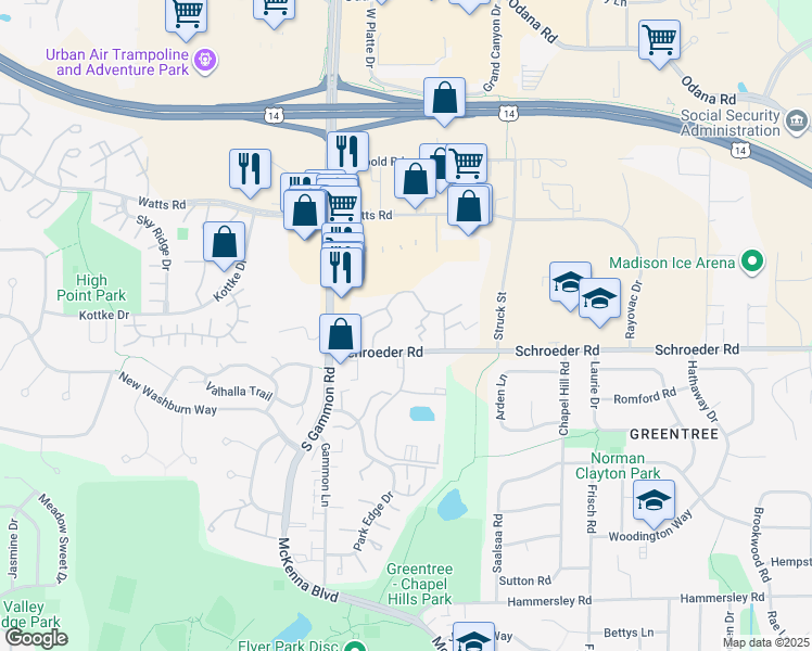map of restaurants, bars, coffee shops, grocery stores, and more near 6810 Schroeder Road in Madison
