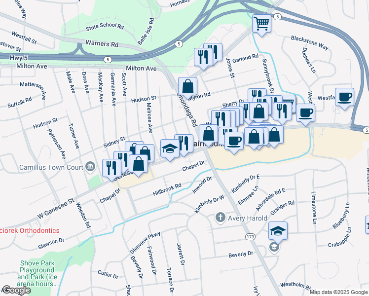 map of restaurants, bars, coffee shops, grocery stores, and more near 3802 West Genesee Street in Syracuse