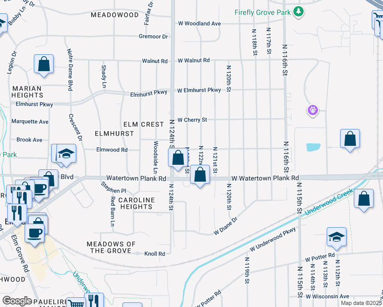 map of restaurants, bars, coffee shops, grocery stores, and more near 1266 North 123rd Street in Wauwatosa