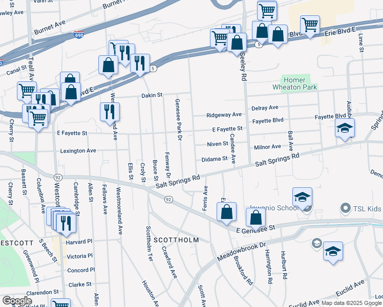 map of restaurants, bars, coffee shops, grocery stores, and more near 516-18 Beattie Street in Syracuse