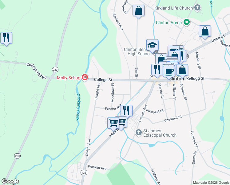 map of restaurants, bars, coffee shops, grocery stores, and more near 9 Woodlawn Place in Clinton
